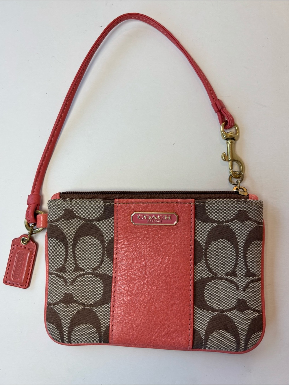 Coach Signature Canvas Coral Wristlet Small Zip Pouch